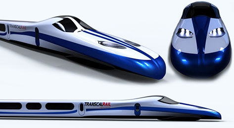 Three rendered views of a futuristic train