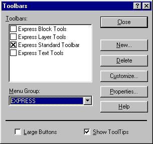 Toolbars Dialogue Box